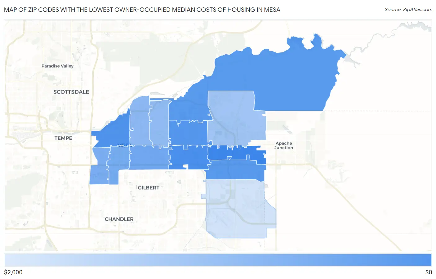 Zip Codes with the Lowest Owner-Occupied Median Costs of Housing in Mesa Map
