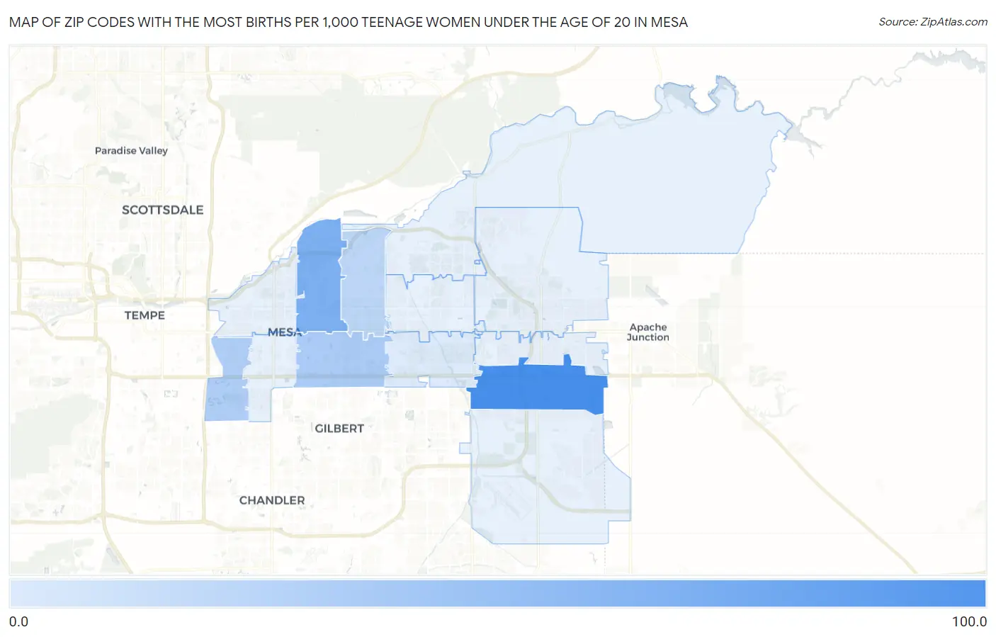 Zip Codes with the Most Births per 1,000 Teenage Women Under the Age of 20 in Mesa Map