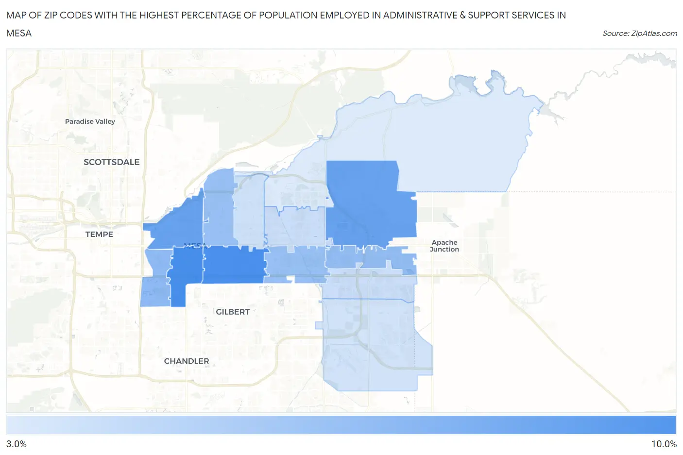 Zip Codes with the Highest Percentage of Population Employed in Administrative & Support Services in Mesa Map