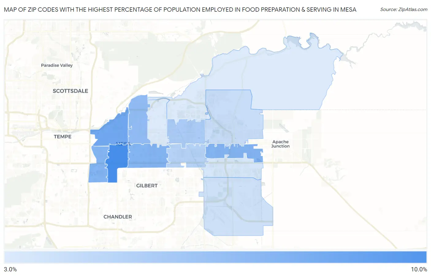 Zip Codes with the Highest Percentage of Population Employed in Food Preparation & Serving in Mesa Map