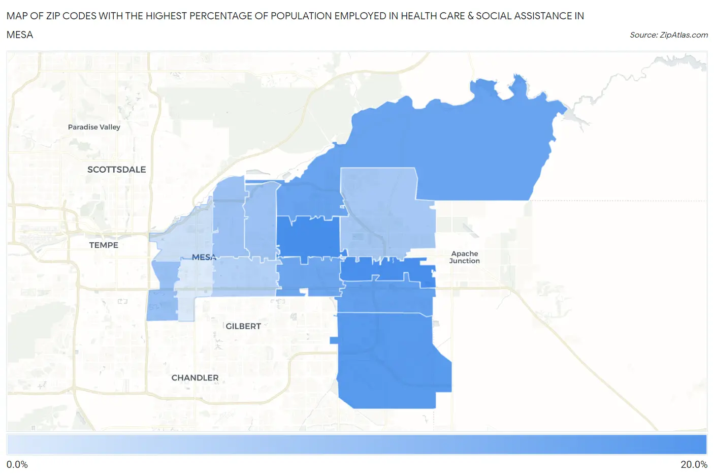 Zip Codes with the Highest Percentage of Population Employed in Health Care & Social Assistance in Mesa Map