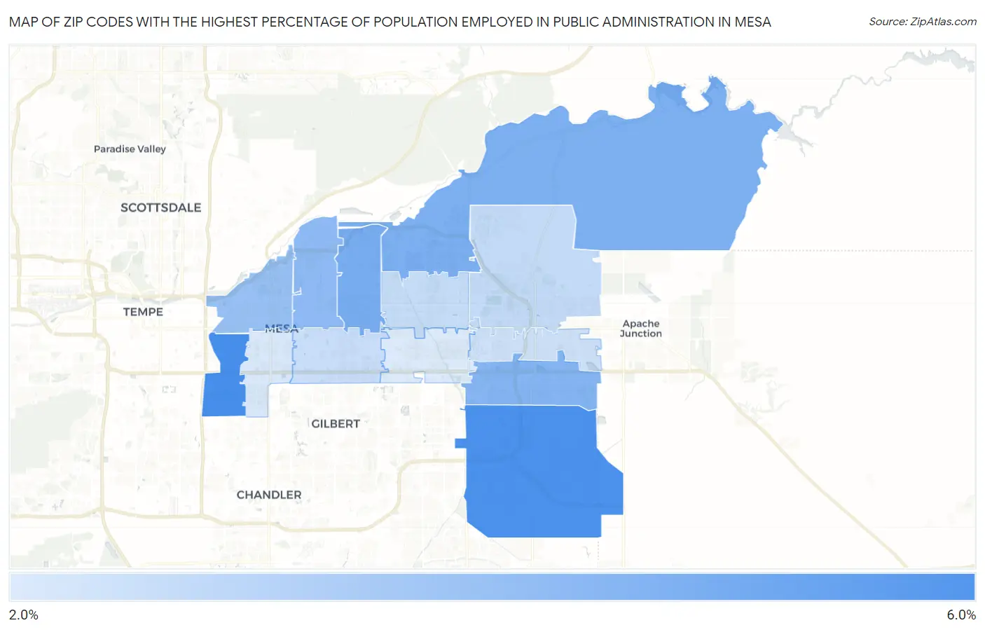 Zip Codes with the Highest Percentage of Population Employed in Public Administration in Mesa Map