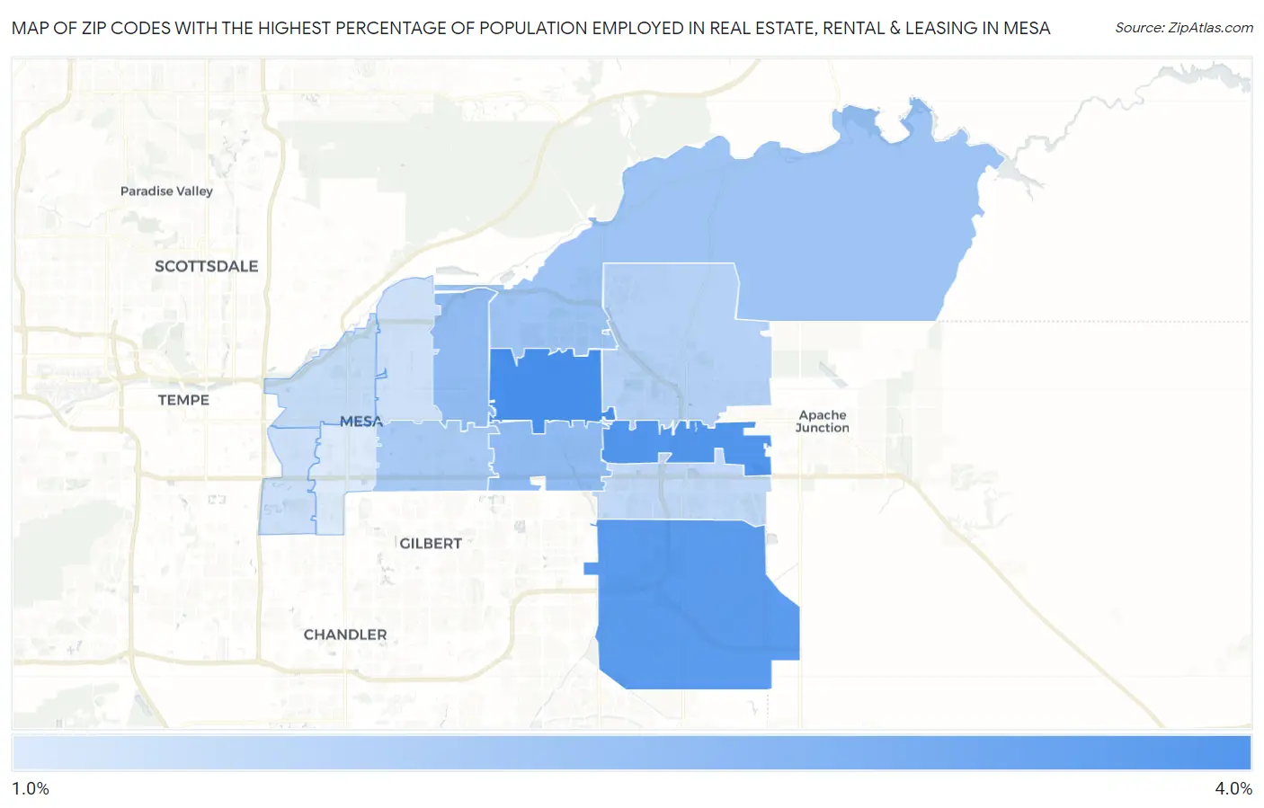 Zip Codes with the Highest Percentage of Population Employed in Real Estate, Rental & Leasing in Mesa Map