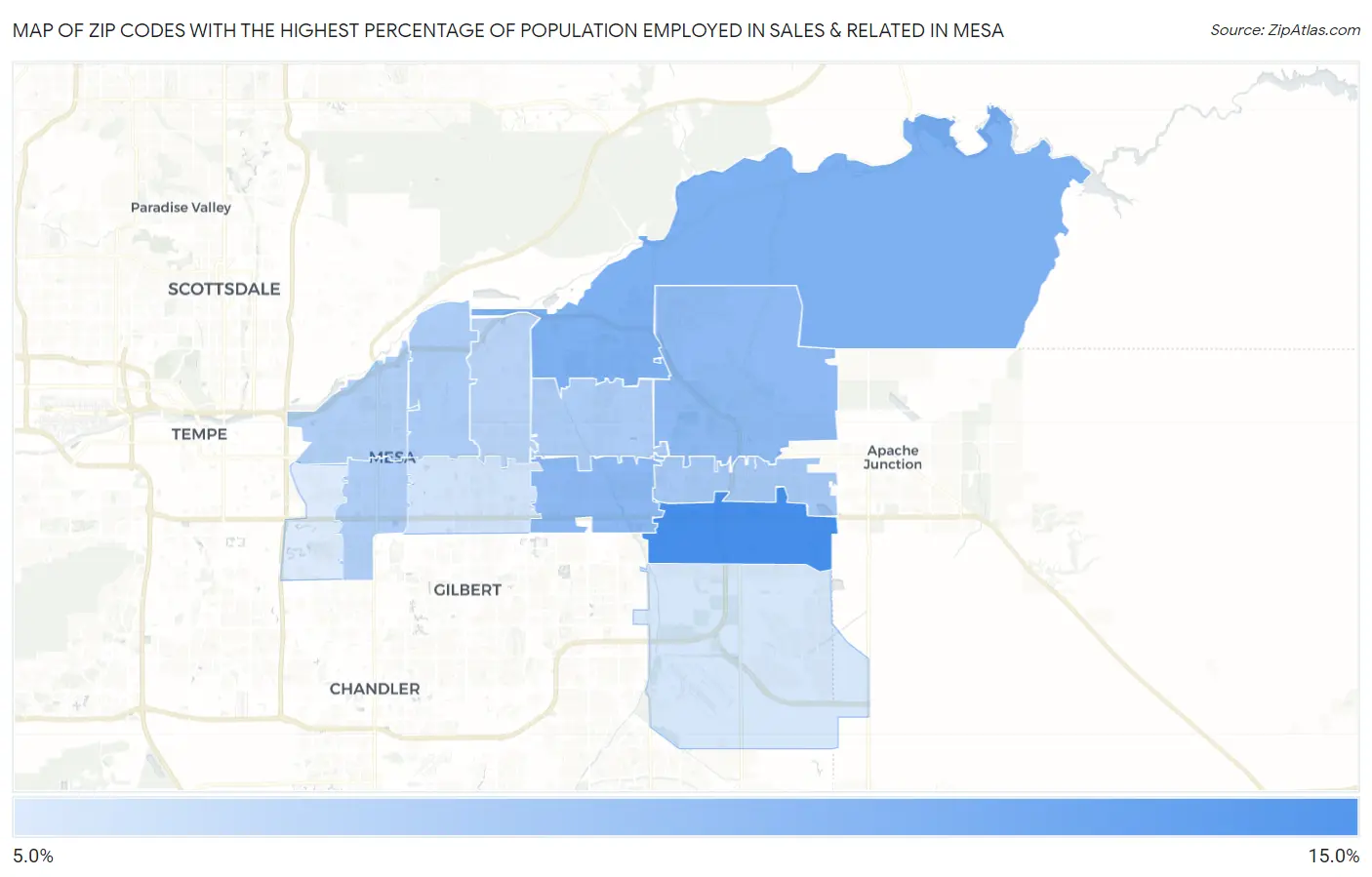 Zip Codes with the Highest Percentage of Population Employed in Sales & Related in Mesa Map