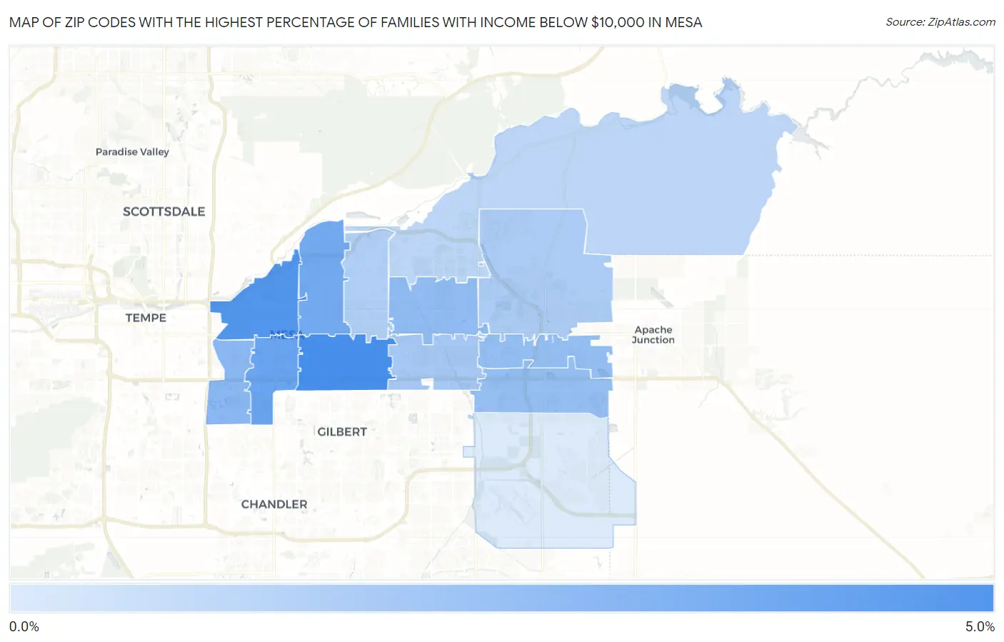 Zip Codes with the Highest Percentage of Families with Income Below $10,000 in Mesa Map