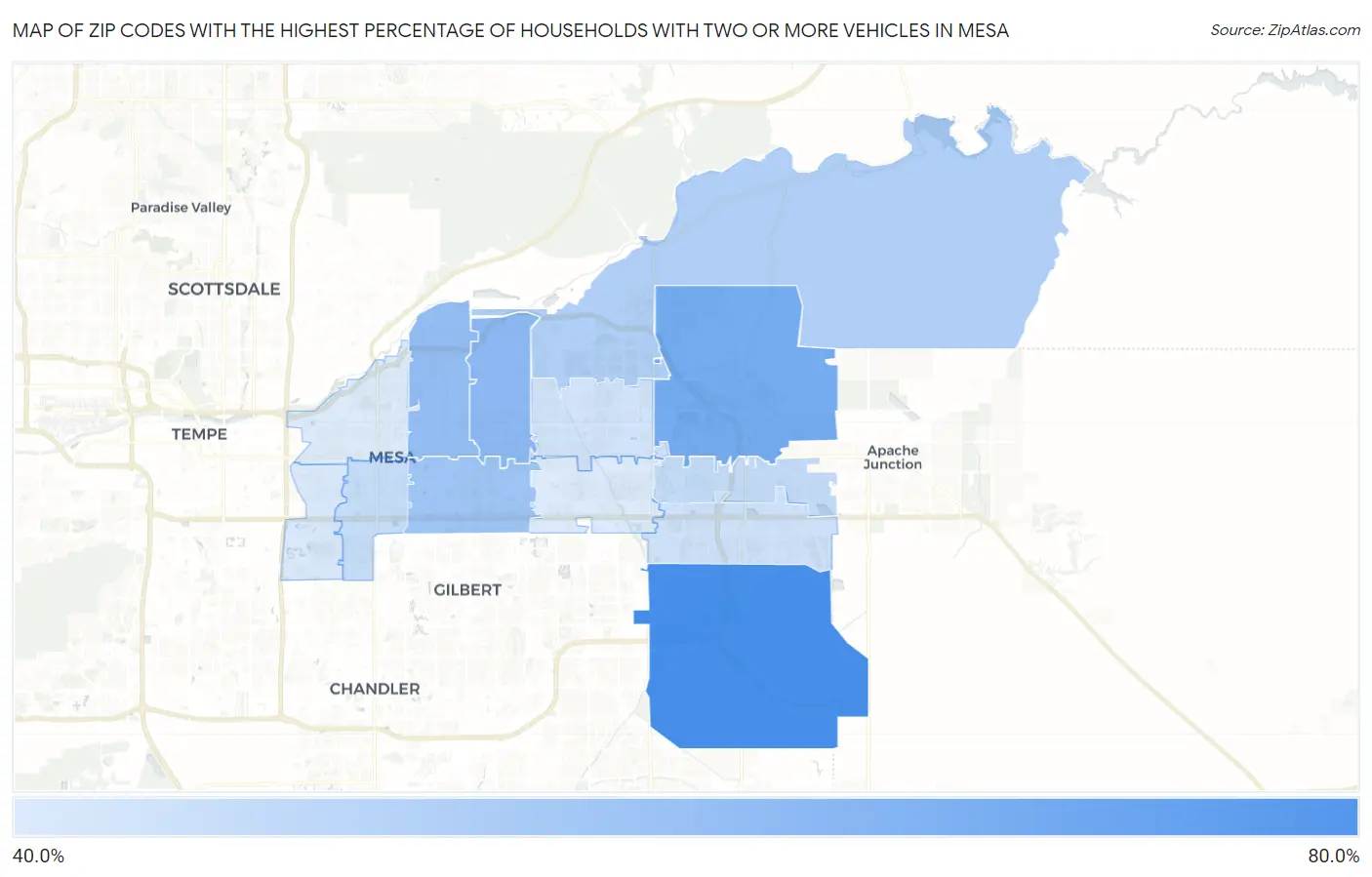 Zip Codes with the Highest Percentage of Households With Two or more Vehicles in Mesa Map