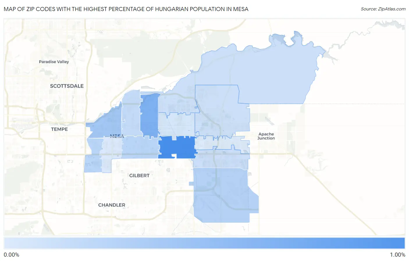 Zip Codes with the Highest Percentage of Hungarian Population in Mesa Map