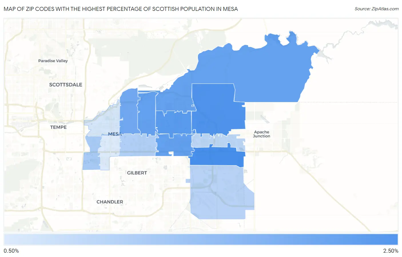 Zip Codes with the Highest Percentage of Scottish Population in Mesa Map