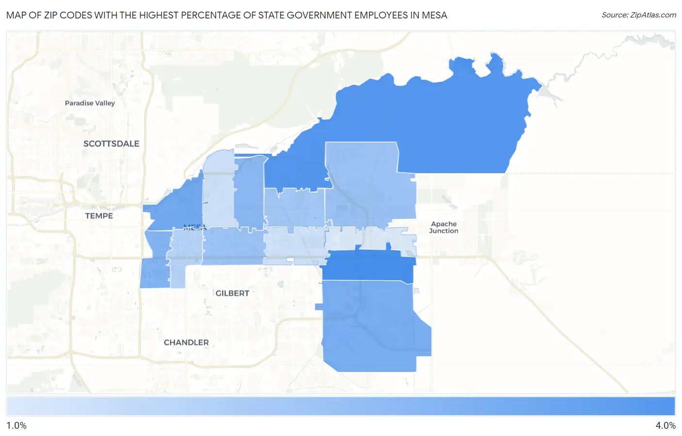 Zip Codes with the Highest Percentage of State Government Employees in Mesa Map
