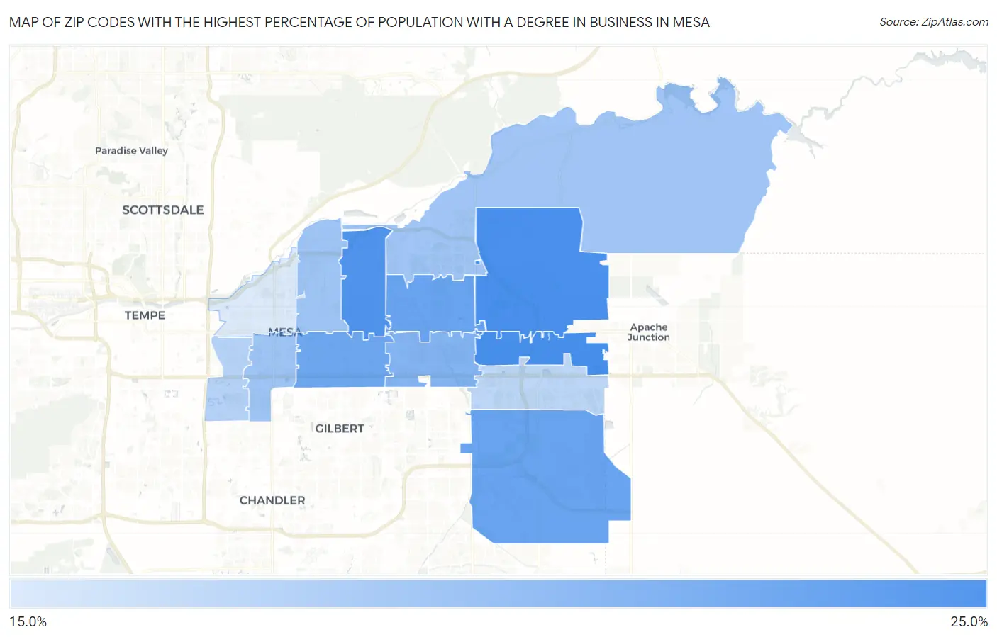 Zip Codes with the Highest Percentage of Population with a Degree in Business in Mesa Map