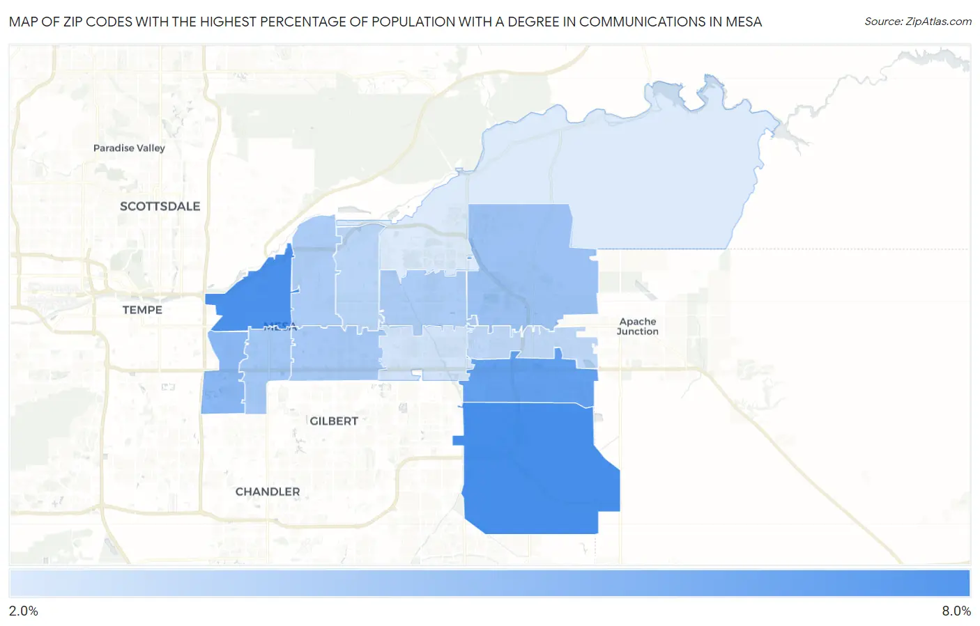 Zip Codes with the Highest Percentage of Population with a Degree in Communications in Mesa Map