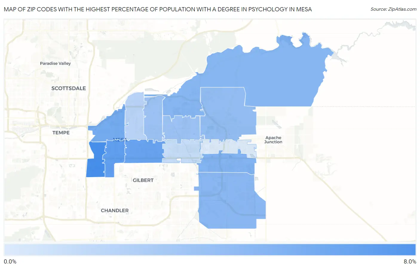 Zip Codes with the Highest Percentage of Population with a Degree in Psychology in Mesa Map