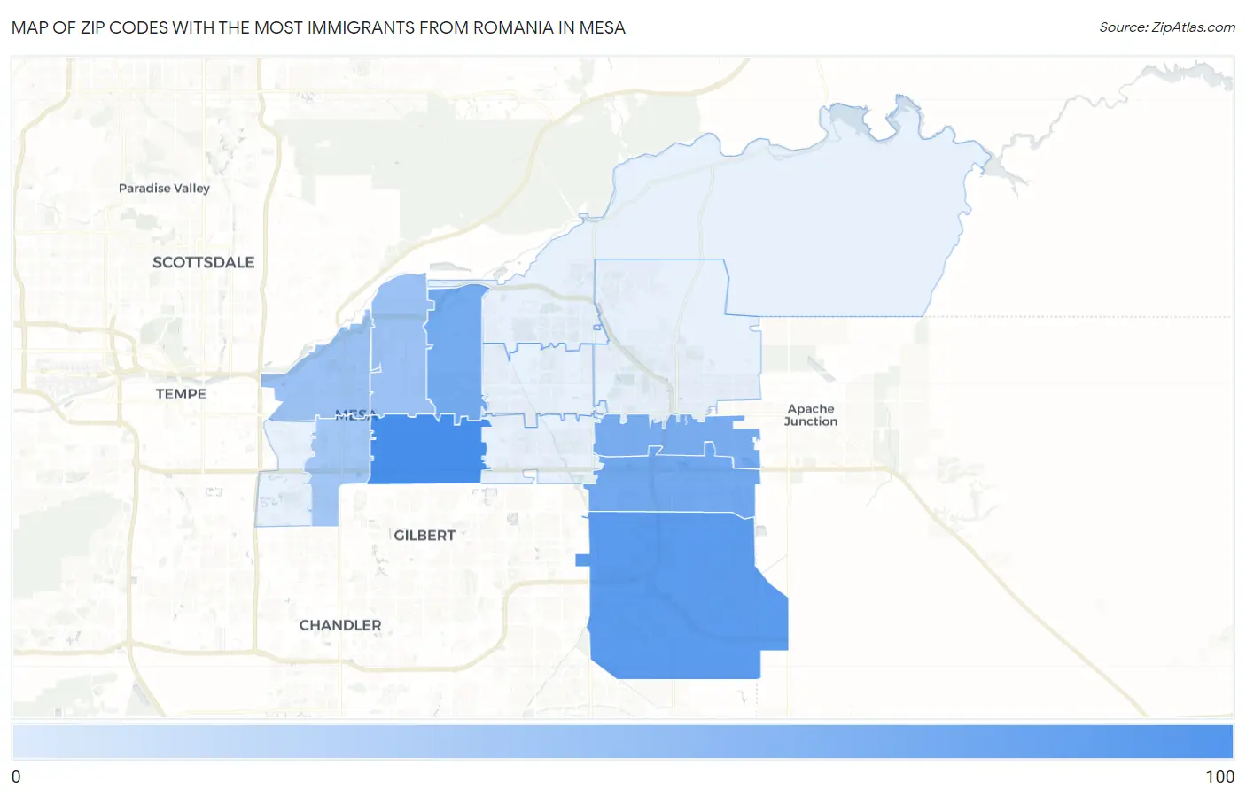 Zip Codes with the Most Immigrants from Romania in Mesa Map