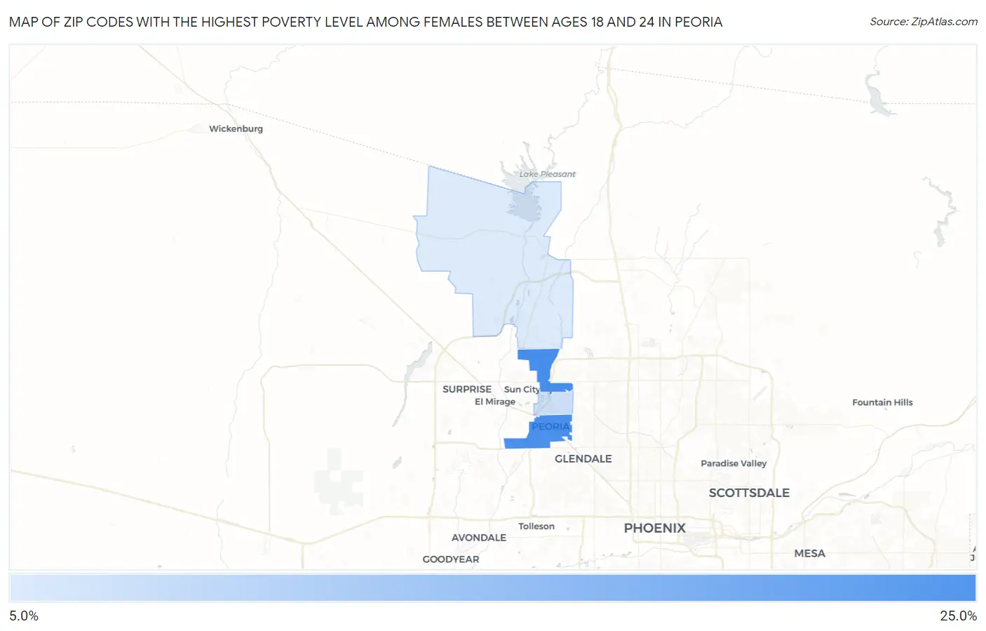 Zip Codes with the Highest Poverty Level Among Females Between Ages 18 and 24 in Peoria Map