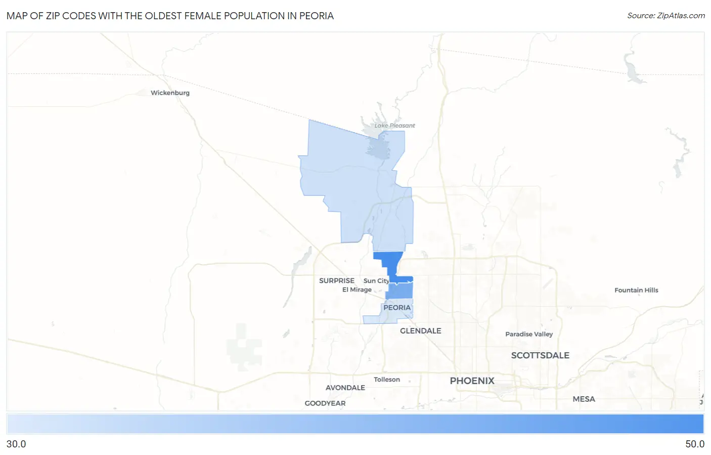 Zip Codes with the Oldest Female Population in Peoria Map