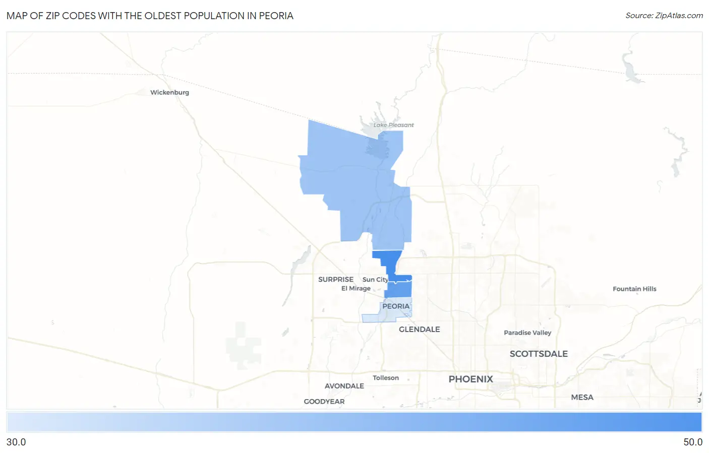 Zip Codes with the Oldest Population in Peoria Map