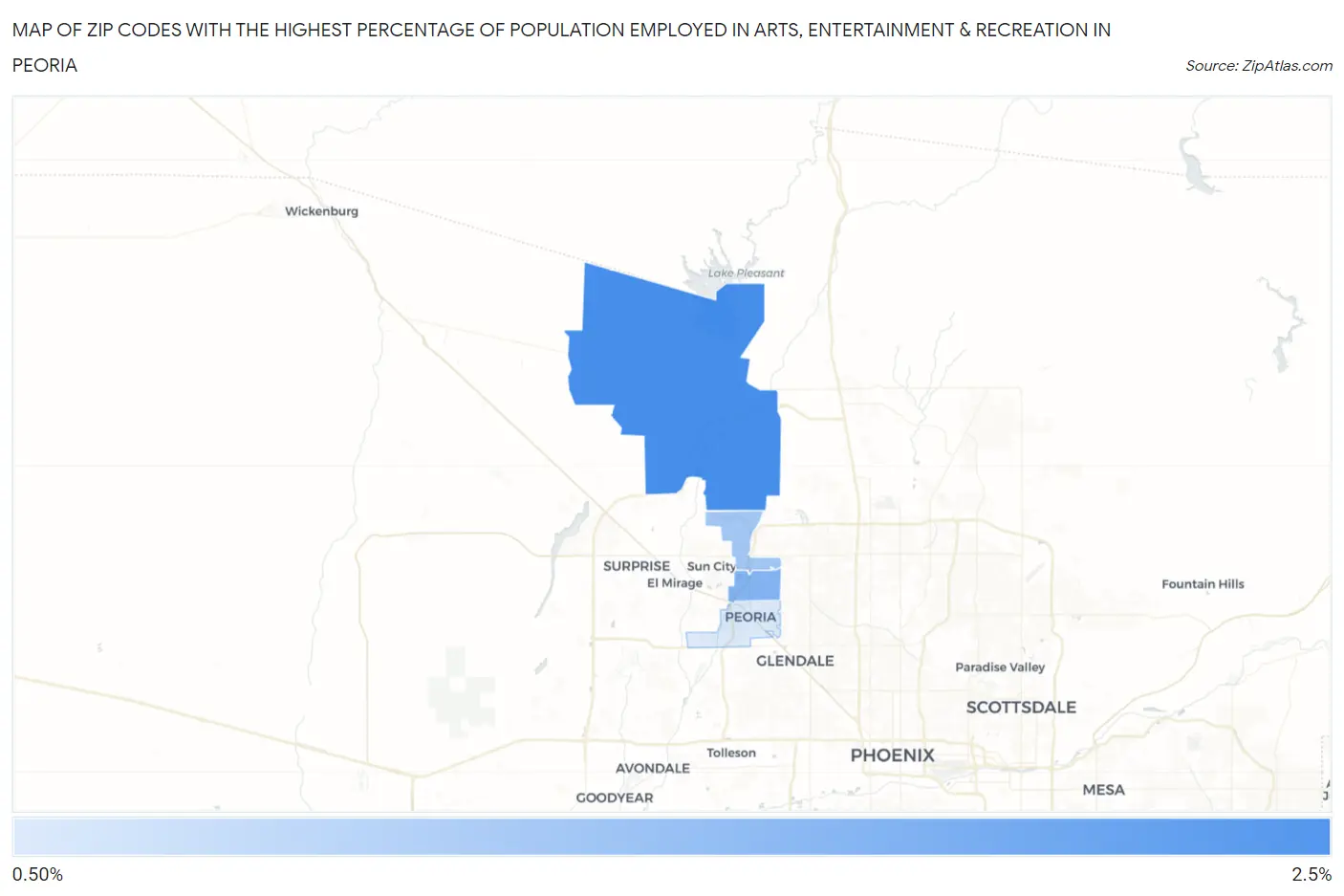 Zip Codes with the Highest Percentage of Population Employed in Arts, Entertainment & Recreation in Peoria Map