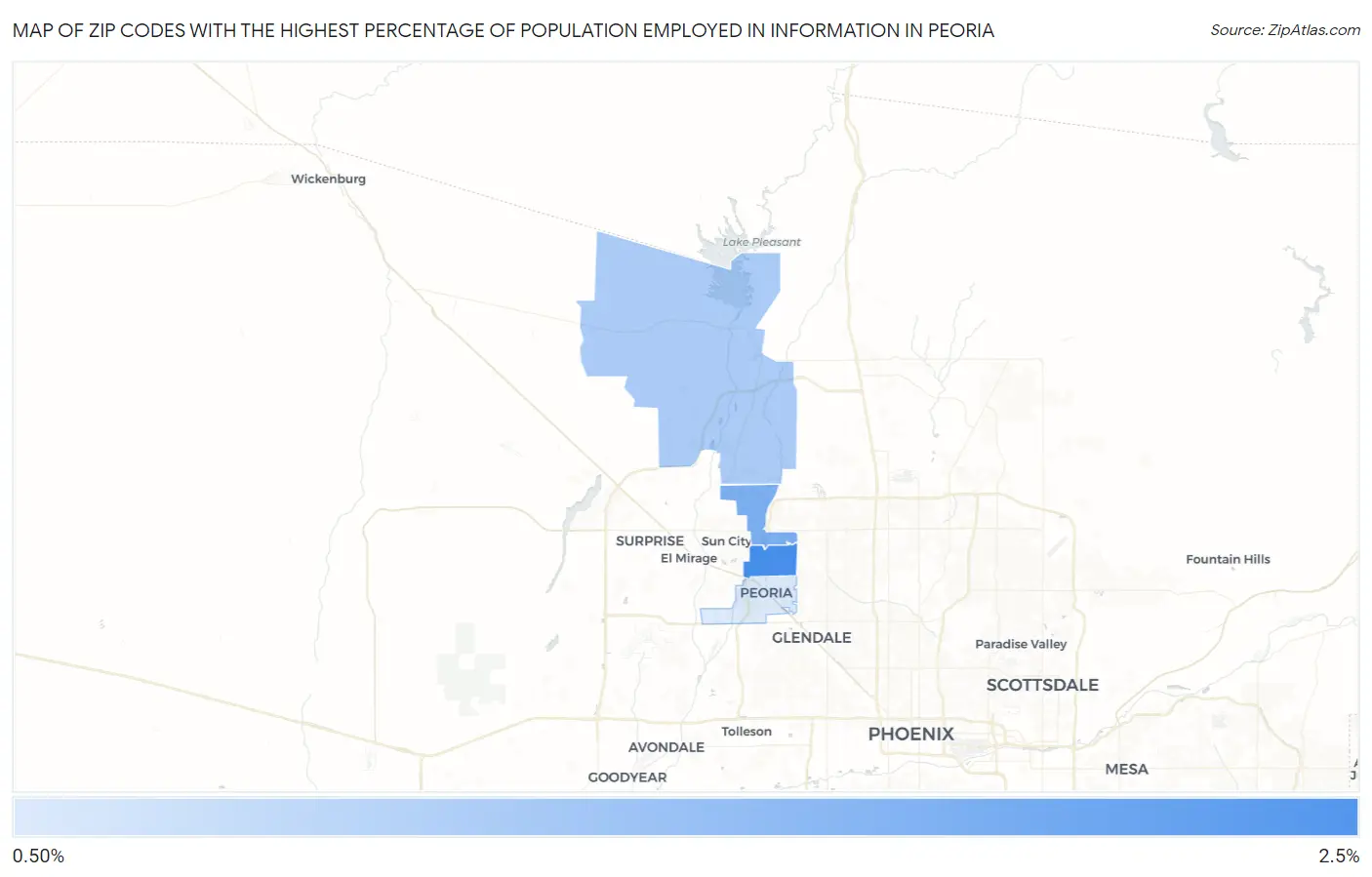 Zip Codes with the Highest Percentage of Population Employed in Information in Peoria Map