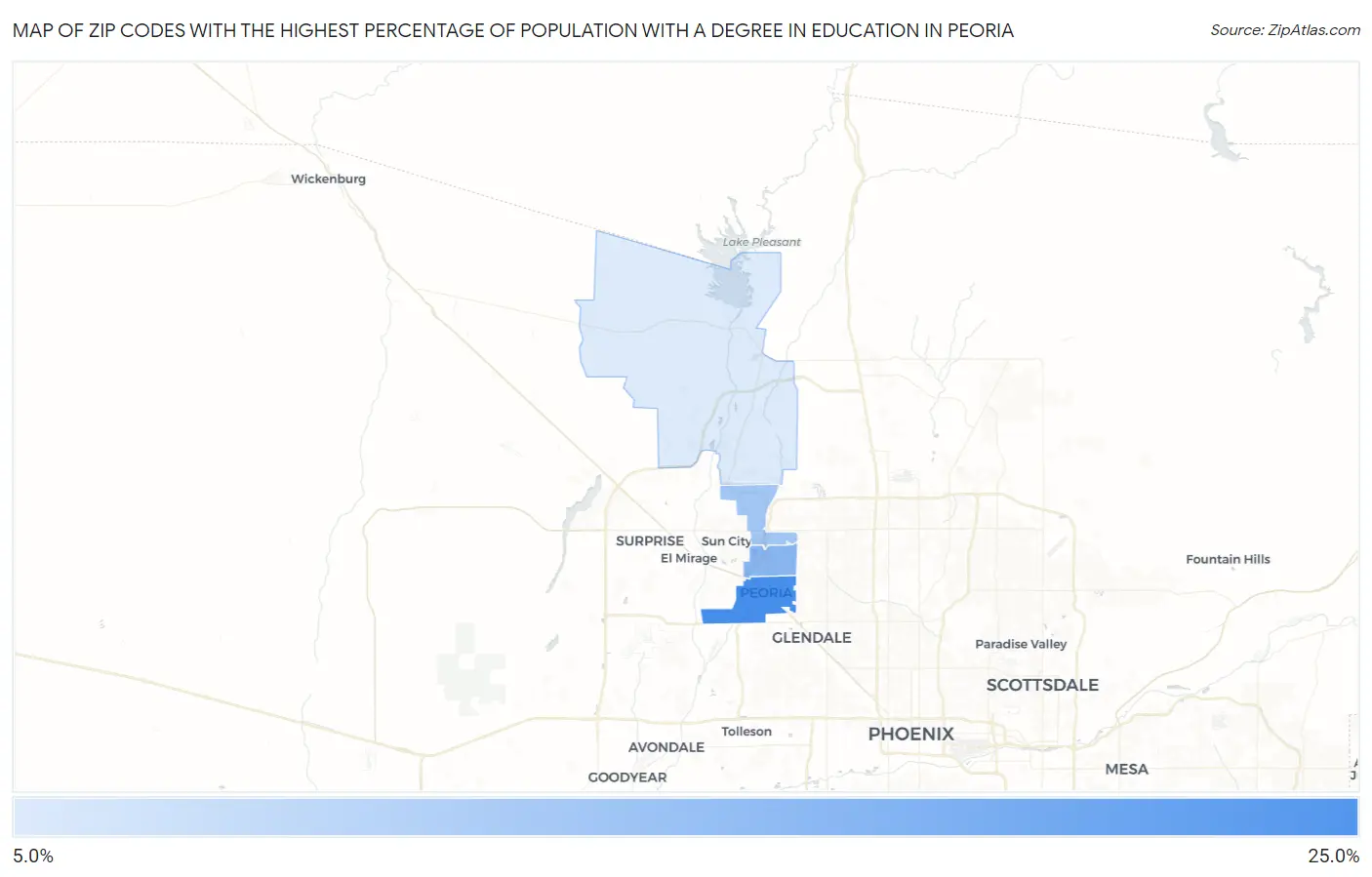 Zip Codes with the Highest Percentage of Population with a Degree in Education in Peoria Map