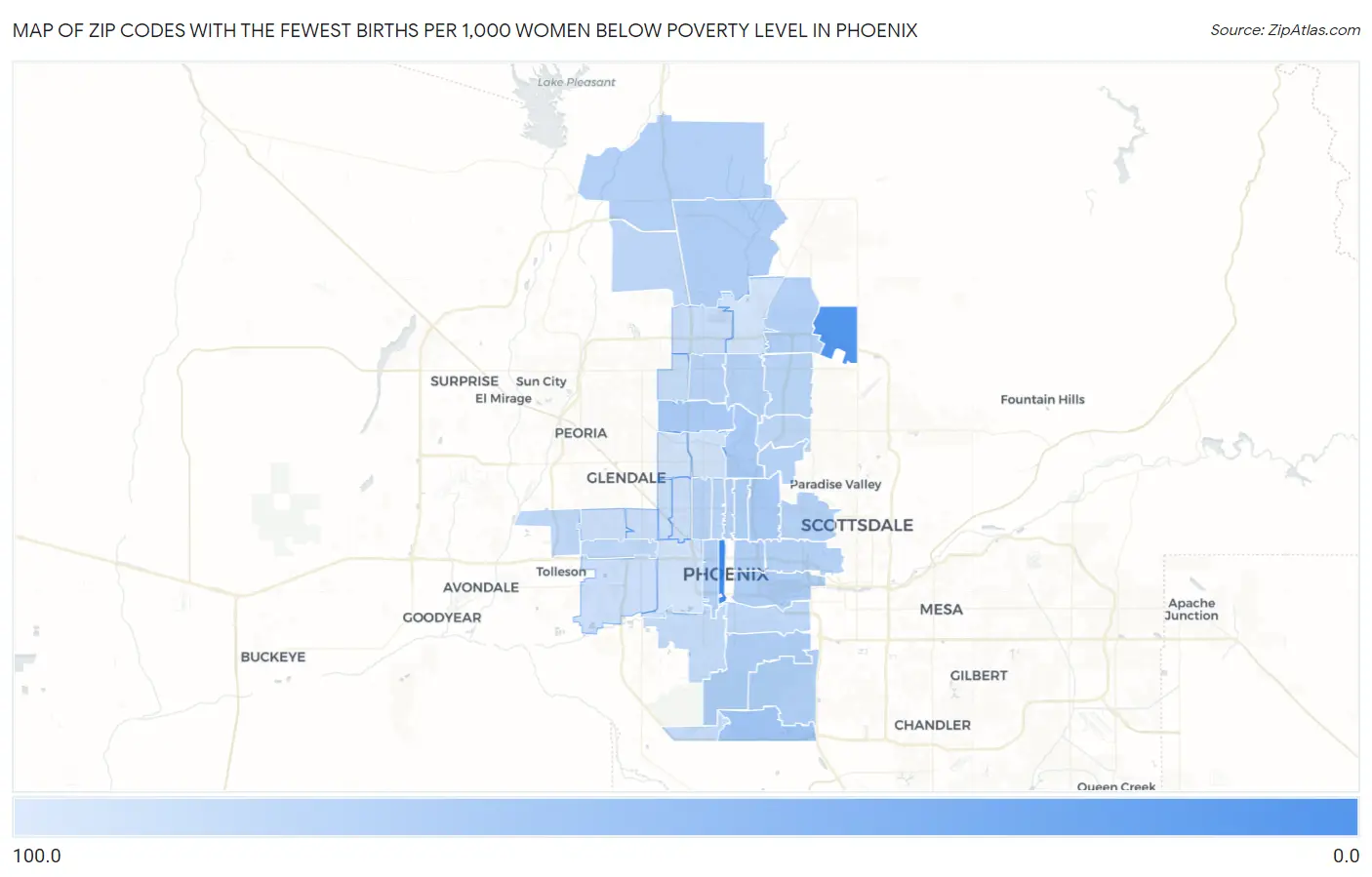 Zip Codes with the Fewest Births per 1,000 Women Below Poverty Level in Phoenix Map