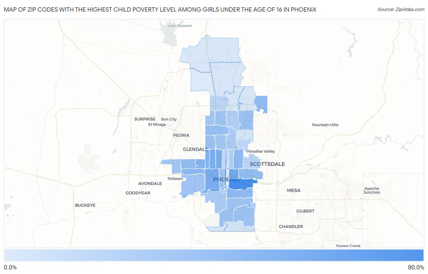 Zip Codes with the Highest Child Poverty Level Among Girls Under the Age of 16 in Phoenix Map