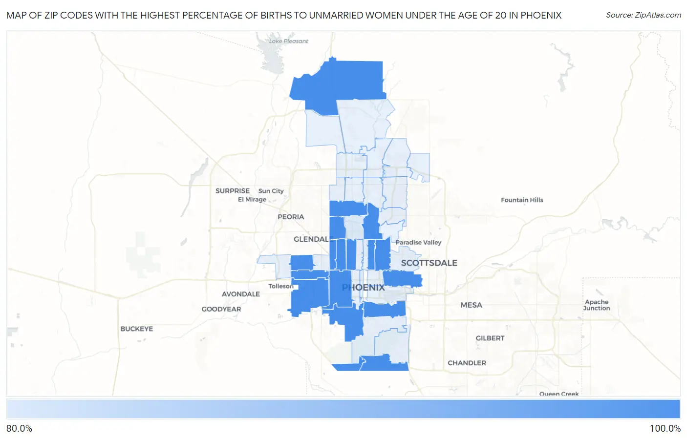 Zip Codes with the Highest Percentage of Births to Unmarried Women under the Age of 20 in Phoenix Map
