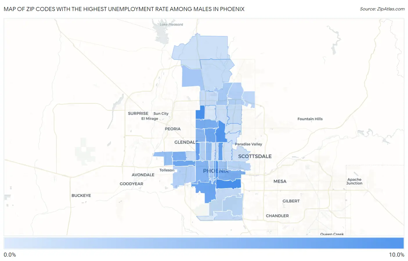 Zip Codes with the Highest Unemployment Rate Among Males in Phoenix Map