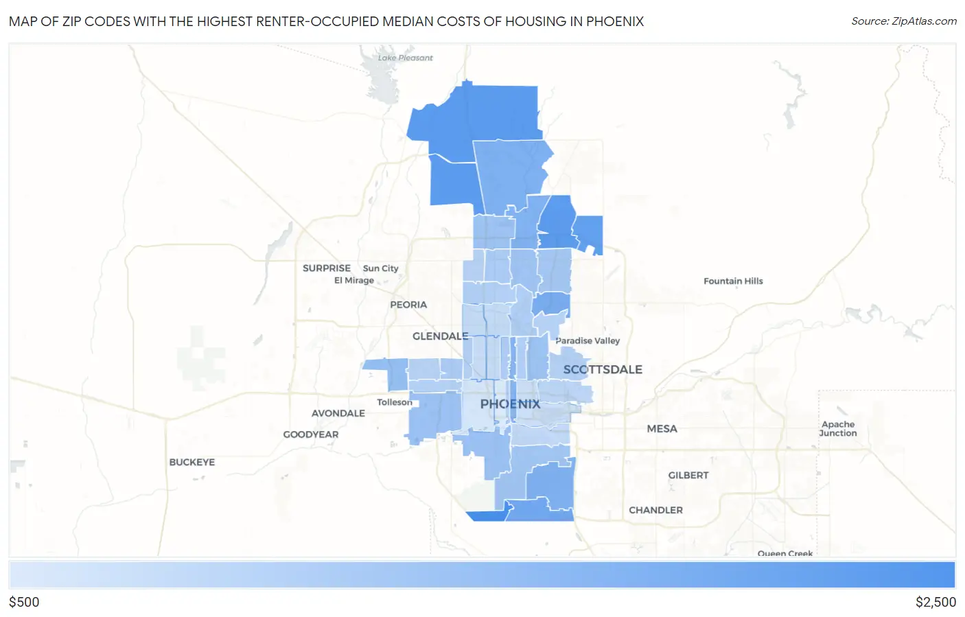 Zip Codes with the Highest Renter-Occupied Median Costs of Housing in Phoenix Map