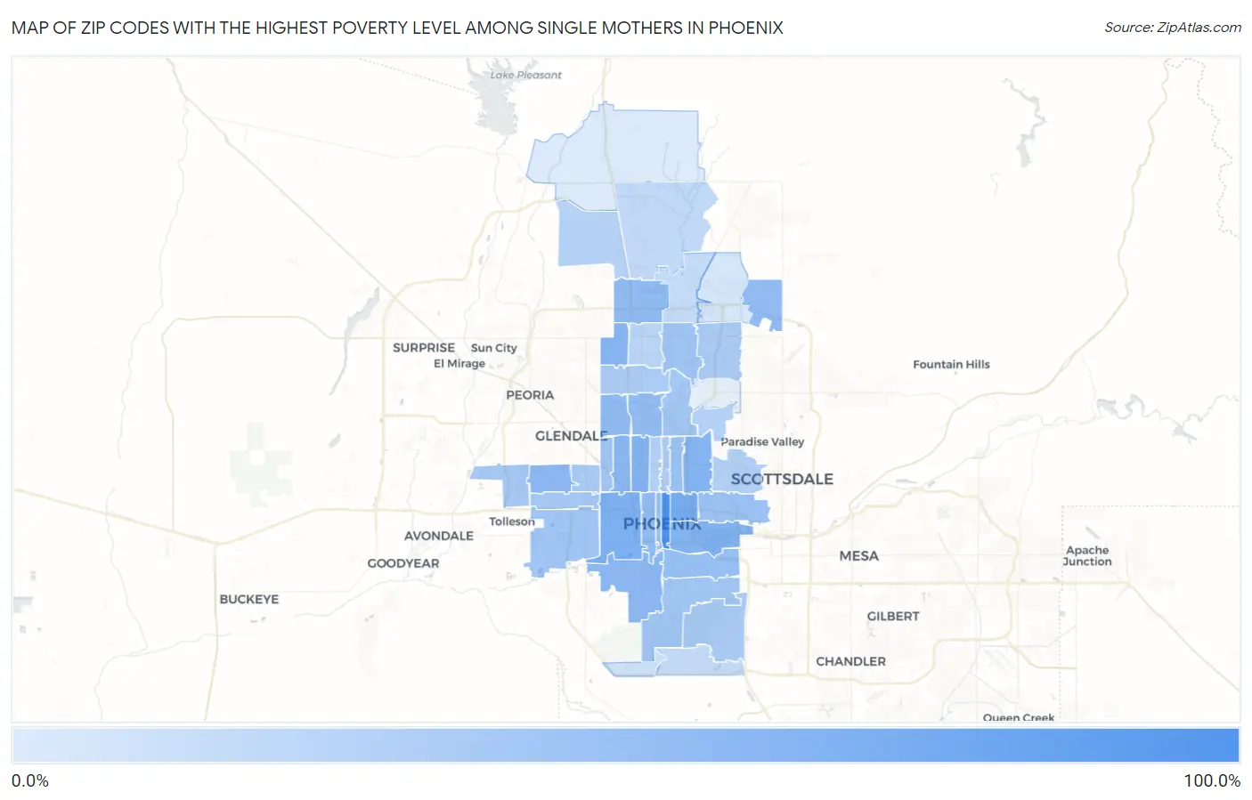 Zip Codes with the Highest Poverty Level Among Single Mothers in Phoenix Map