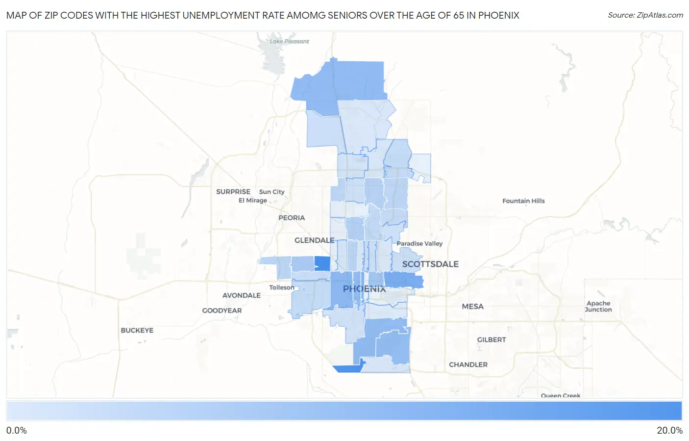 Zip Codes with the Highest Unemployment Rate Amomg Seniors Over the Age of 65 in Phoenix Map