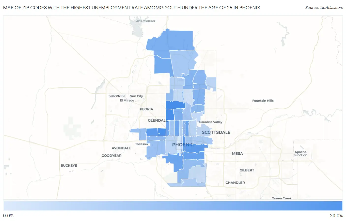 Zip Codes with the Highest Unemployment Rate Amomg Youth Under the Age of 25 in Phoenix Map