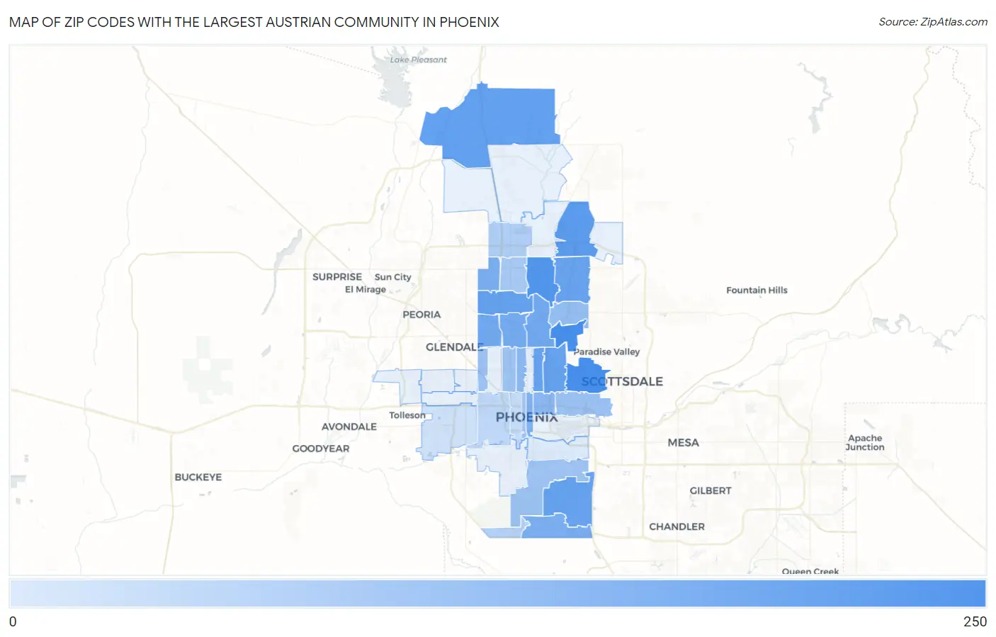 Zip Codes with the Largest Austrian Community in Phoenix Map