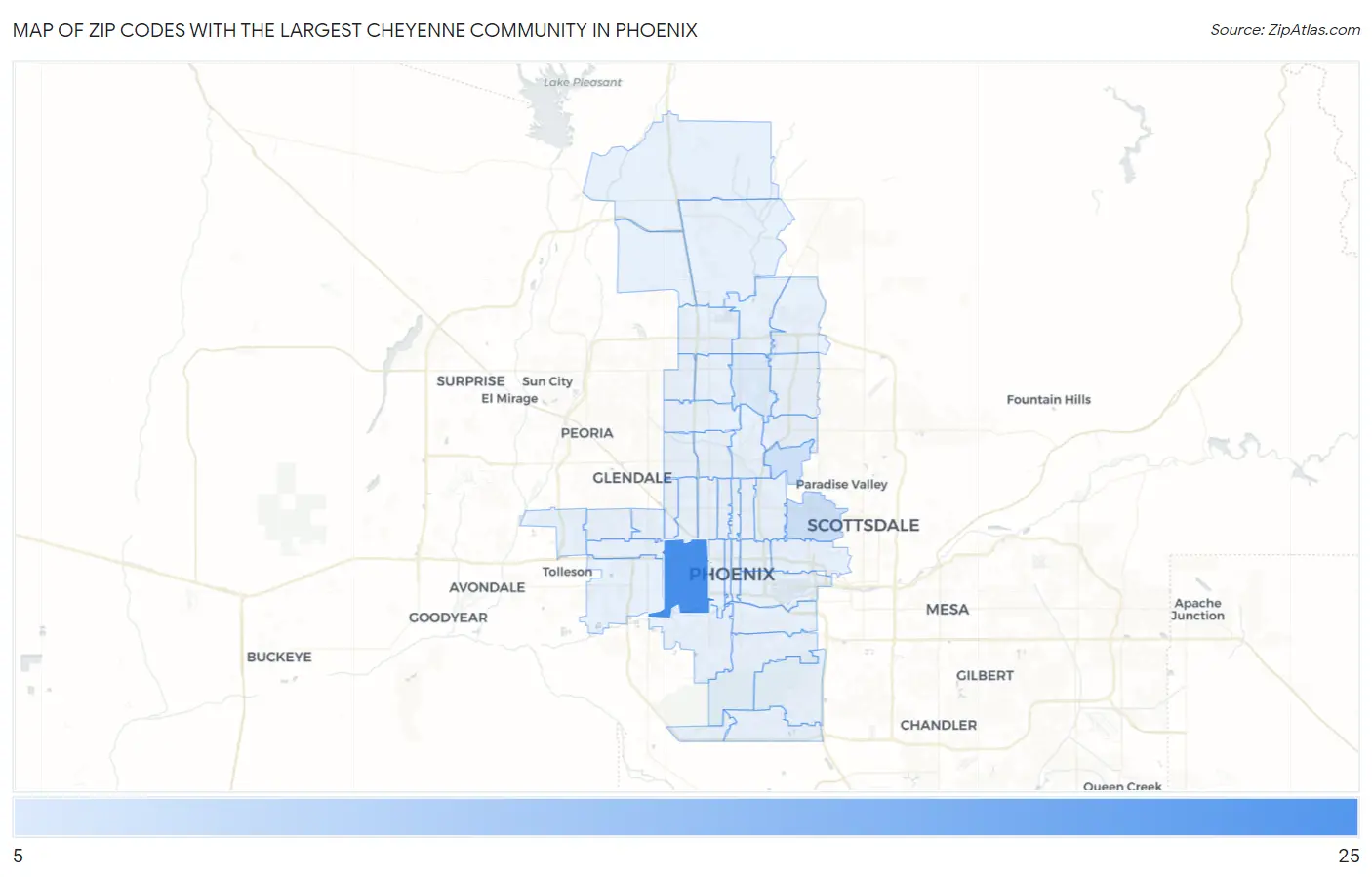Zip Codes with the Largest Cheyenne Community in Phoenix Map