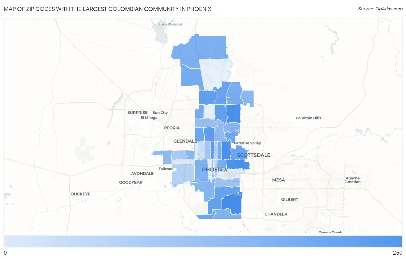 Zip Codes with the Largest Colombian Community in Phoenix Map