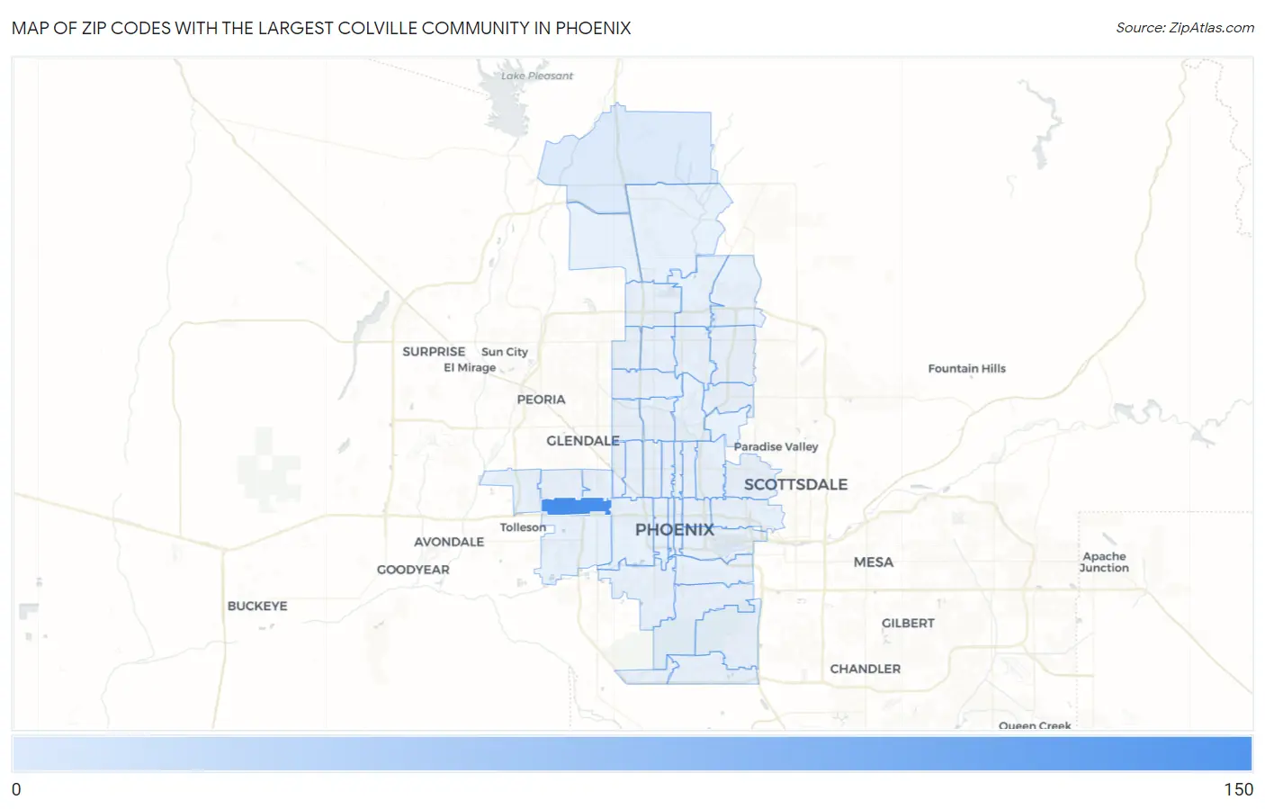 Zip Codes with the Largest Colville Community in Phoenix Map