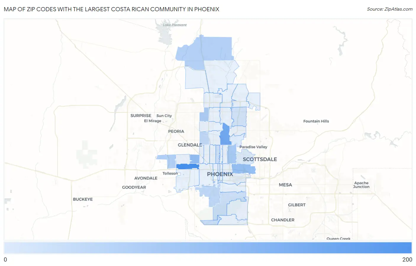 Zip Codes with the Largest Costa Rican Community in Phoenix Map