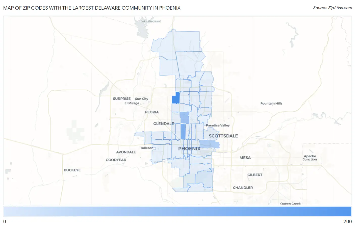 Zip Codes with the Largest Delaware Community in Phoenix Map