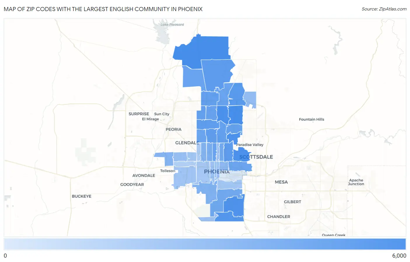 Zip Codes with the Largest English Community in Phoenix Map