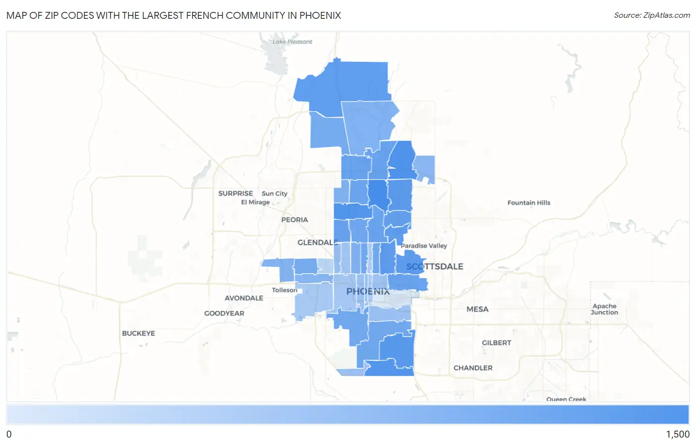 Zip Codes with the Largest French Community in Phoenix Map