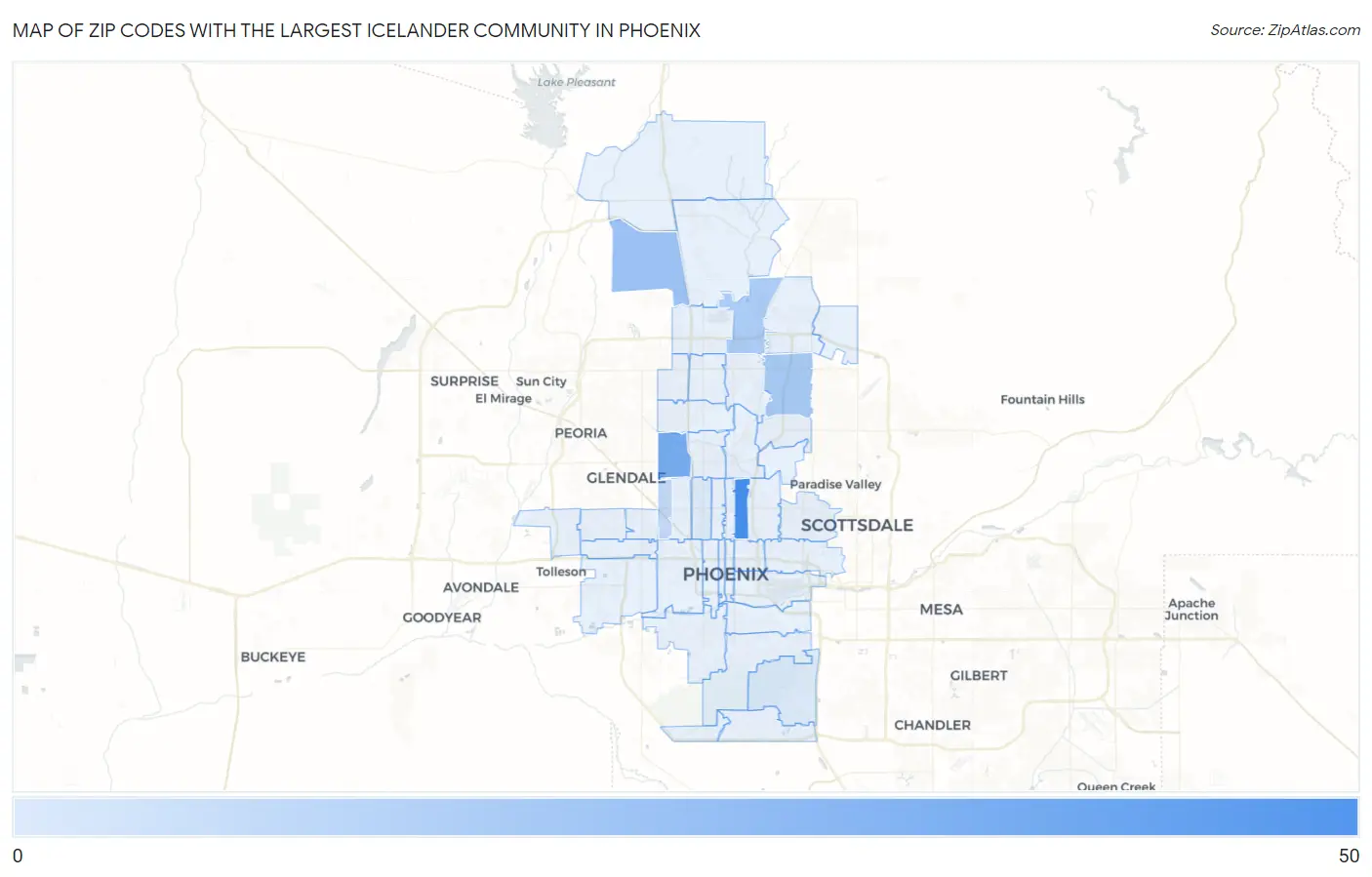 Zip Codes with the Largest Icelander Community in Phoenix Map