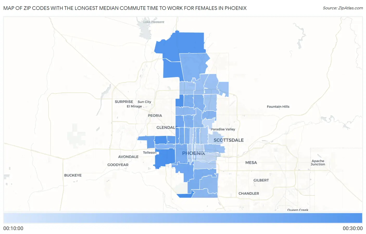 Zip Codes with the Longest Median Commute Time to Work for Females in Phoenix Map
