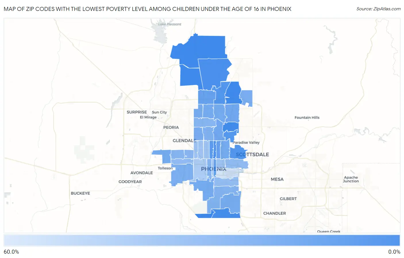 Zip Codes with the Lowest Poverty Level Among Children Under the Age of 16 in Phoenix Map