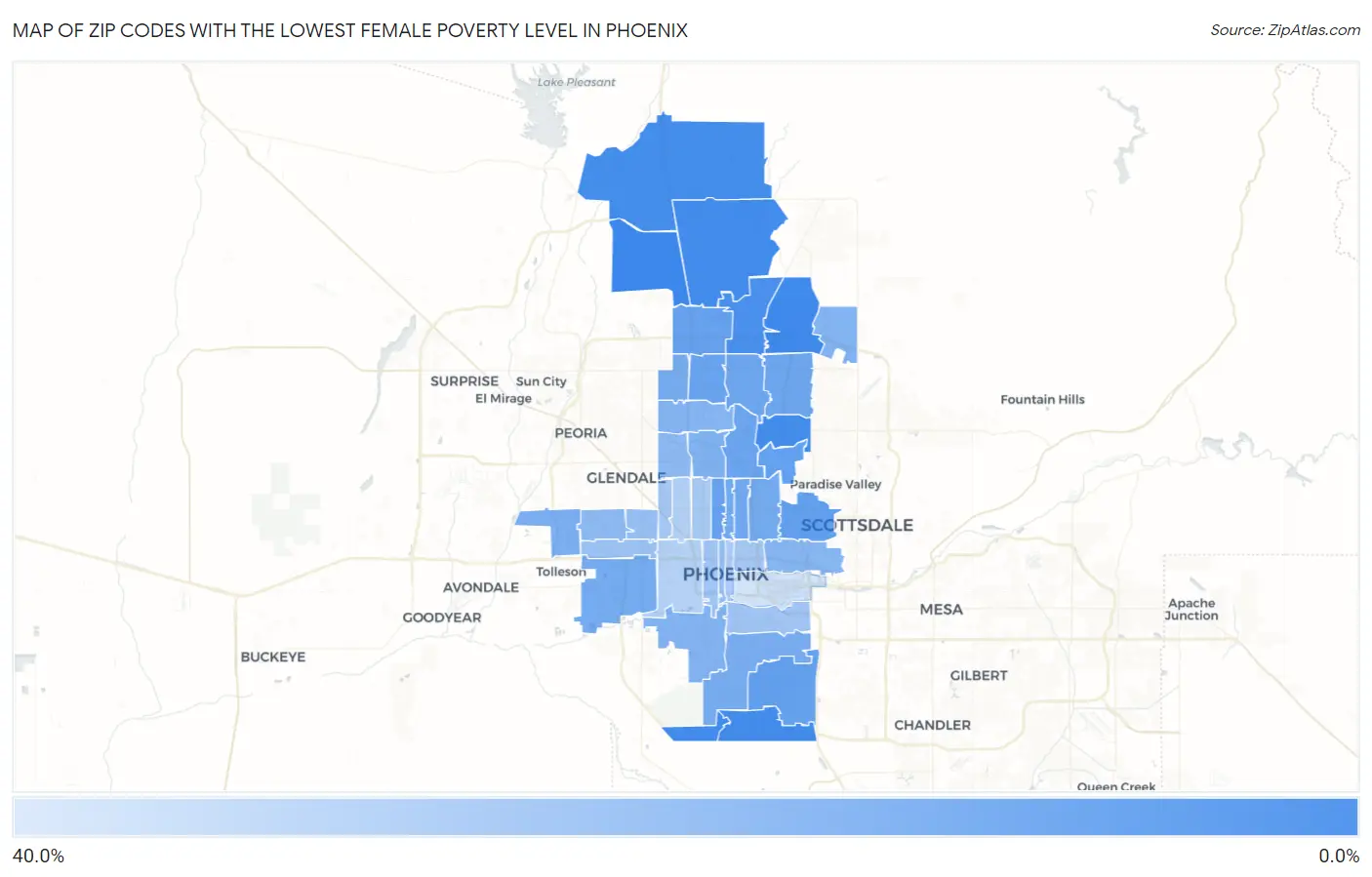 Zip Codes with the Lowest Female Poverty Level in Phoenix Map