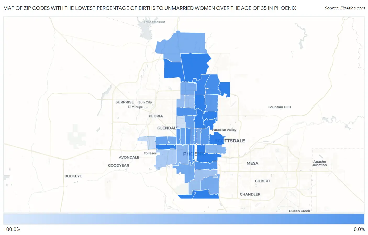 Zip Codes with the Lowest Percentage of Births to Unmarried Women over the Age of 35 in Phoenix Map
