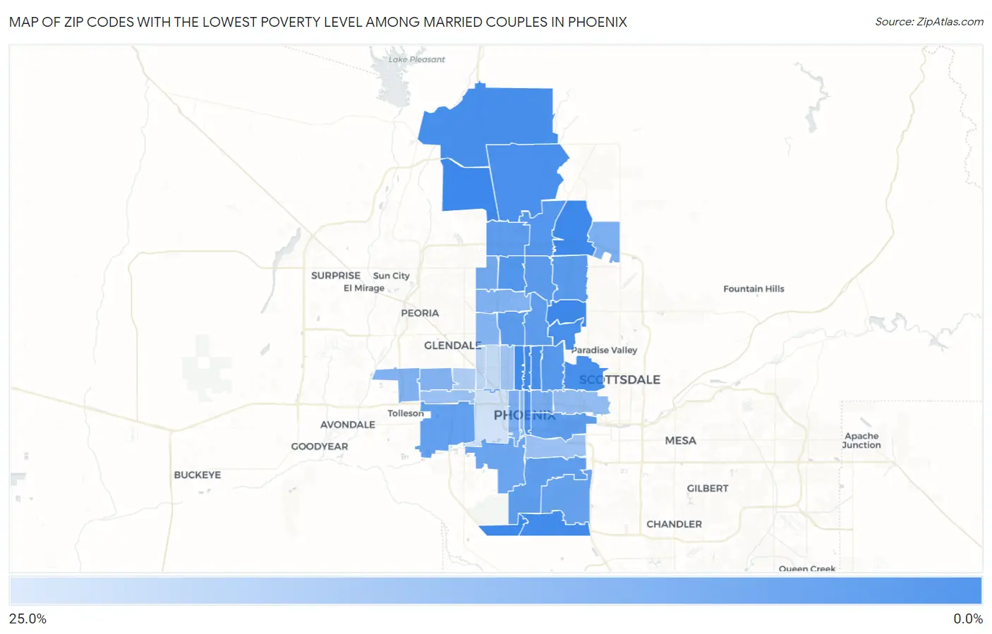 Zip Codes with the Lowest Poverty Level Among Married Couples in Phoenix Map