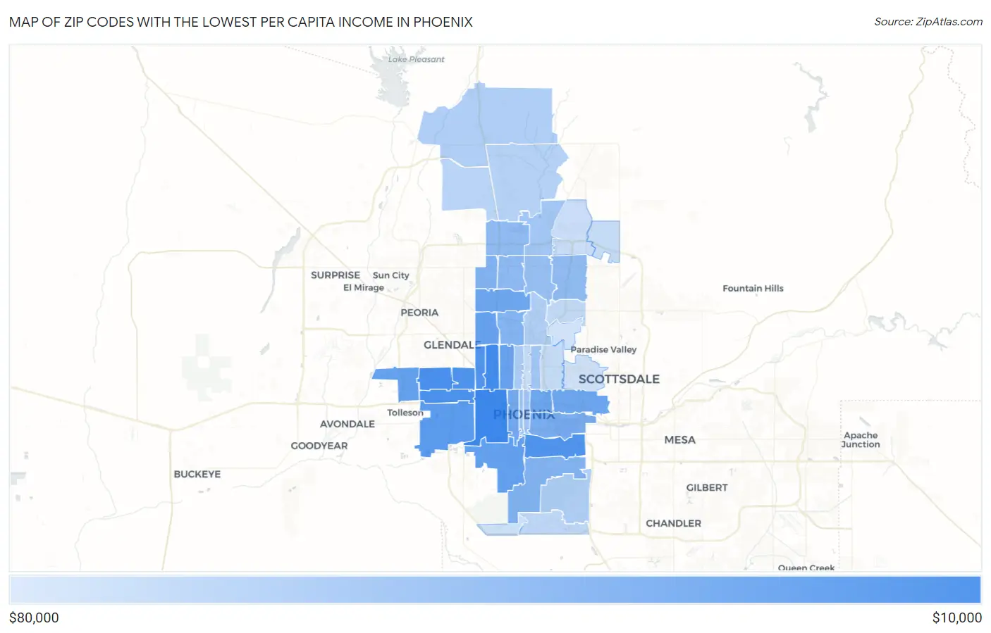 Zip Codes with the Lowest Per Capita Income in Phoenix Map