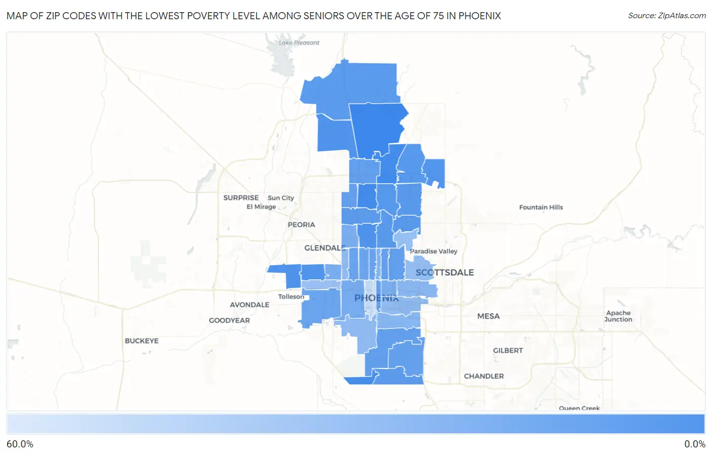 Zip Codes with the Lowest Poverty Level Among Seniors Over the Age of 75 in Phoenix Map
