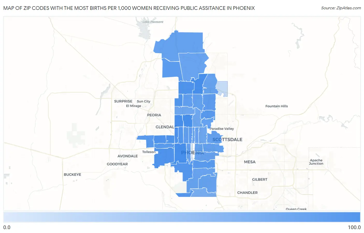 Zip Codes with the Most Births per 1,000 Women Receiving Public Assitance in Phoenix Map