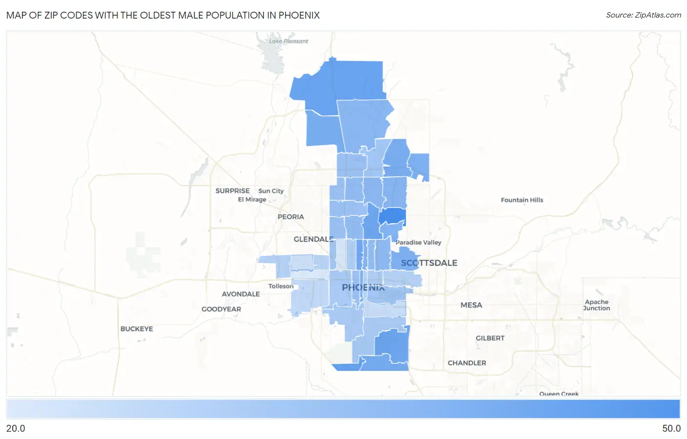 Zip Codes with the Oldest Male Population in Phoenix Map