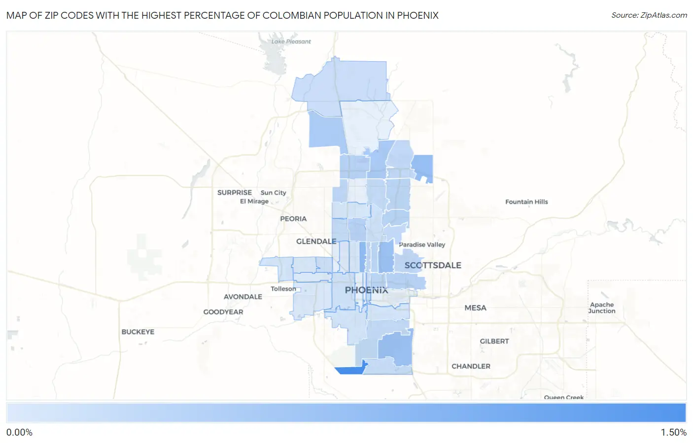 Zip Codes with the Highest Percentage of Colombian Population in Phoenix Map